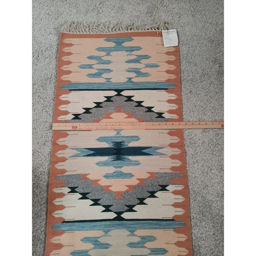 Vintage Saltillo Style Flatweave Rug 20x40 Natural Dyes EUC Aztec SW Tribal